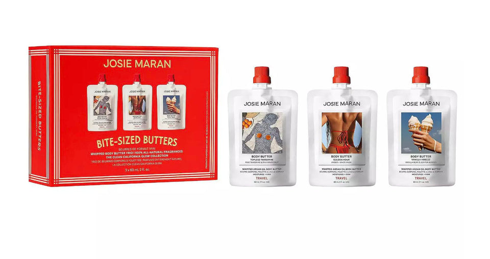 Josie Maran front packaging showing three mini tubs and gifting appeal