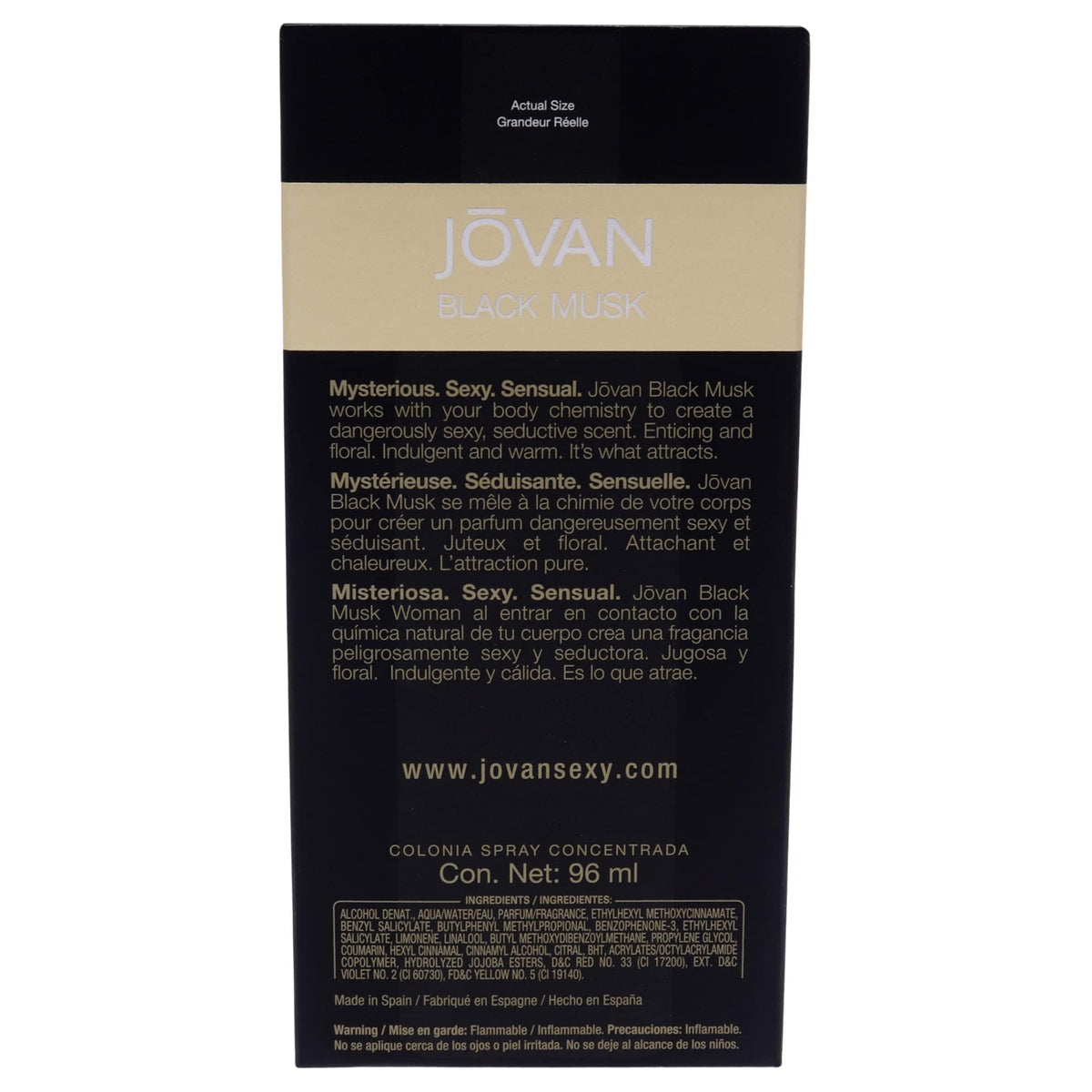 Jovan black must packaging box with branding indicating original designer fragrance