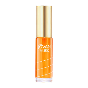 Jovan front bottle showing golden glass and sleek shape for easy portability