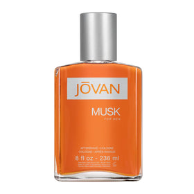Jovan bottle front view showing orange-amber glass and clear branding offering bold presence