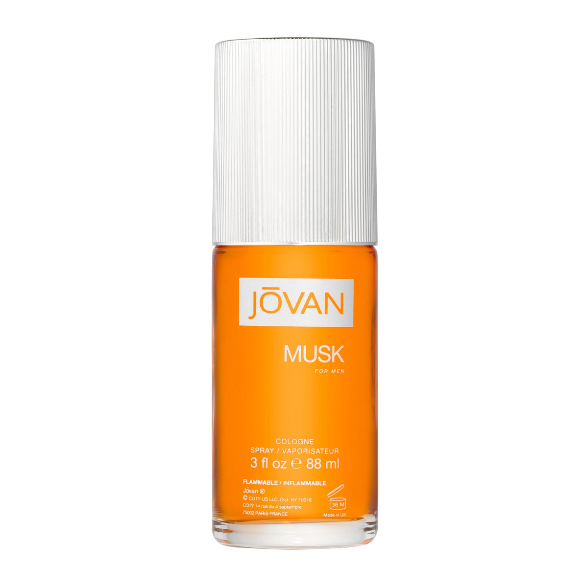 Jovan bottle front packaging showing orange glass and brand appeal