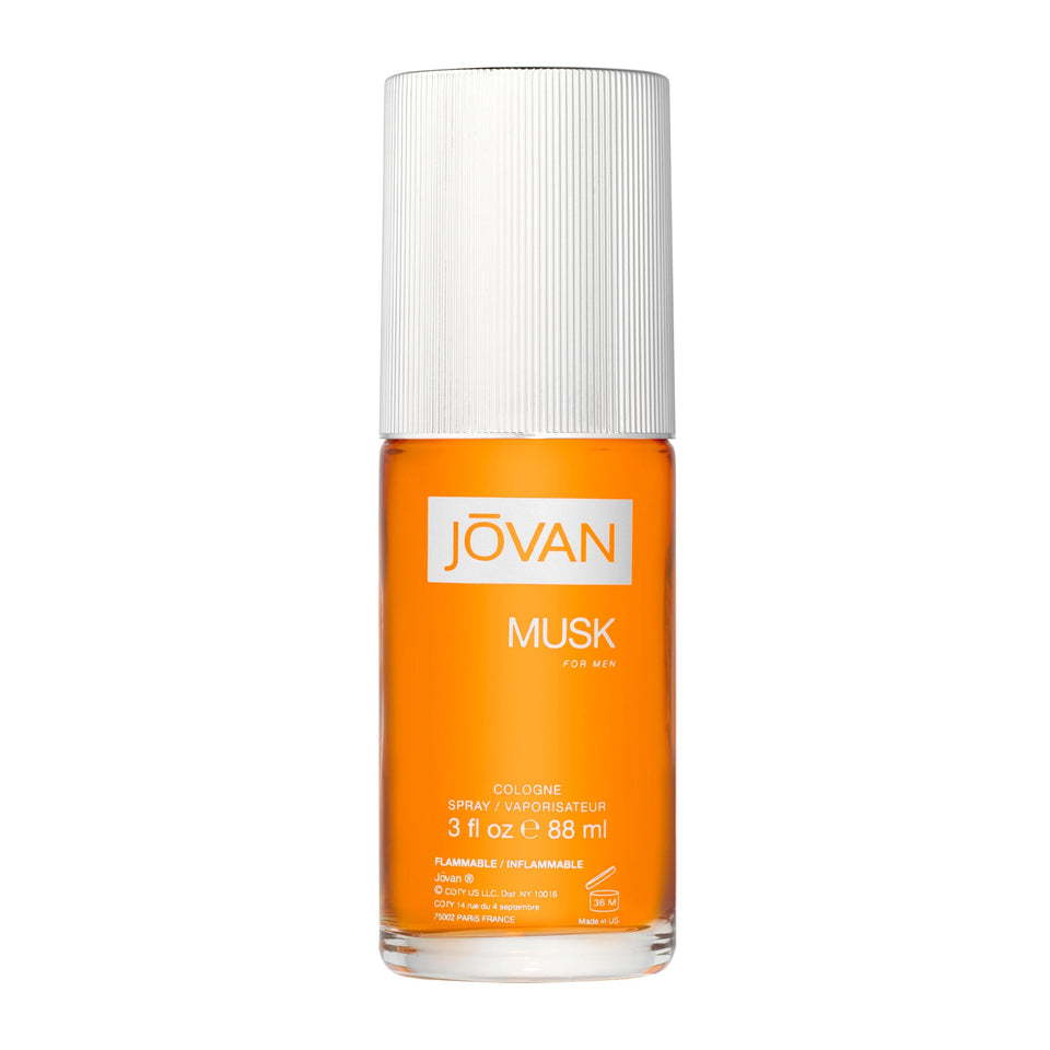 Jovan bottle front packaging showing orange glass and brand appeal