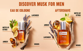 Man applying Jovan Musk aftershave in bathroom conveying confidence and all-day wear