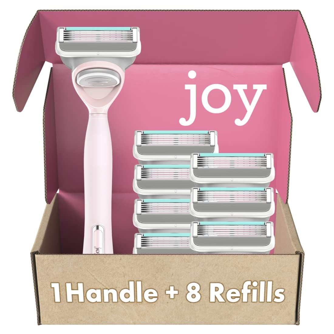 JOY front packaging showing pink handle and cartridge, clear product view and benefit