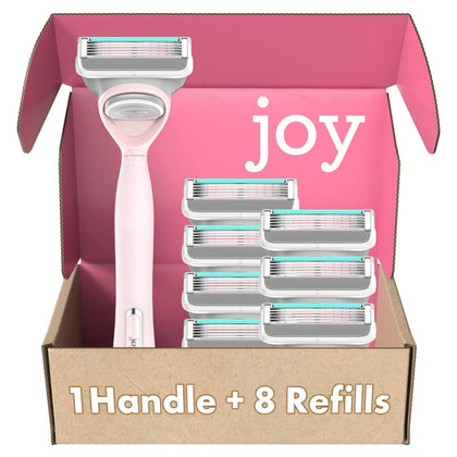 JOY front packaging showing pink handle and cartridge, clear product view and benefit