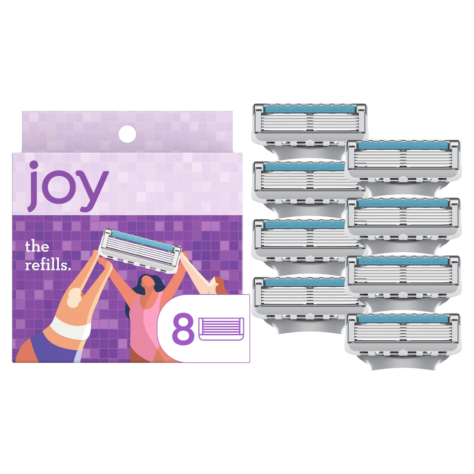 JOY front packaging of eight purple refill cartridges showing quantity and branding for value