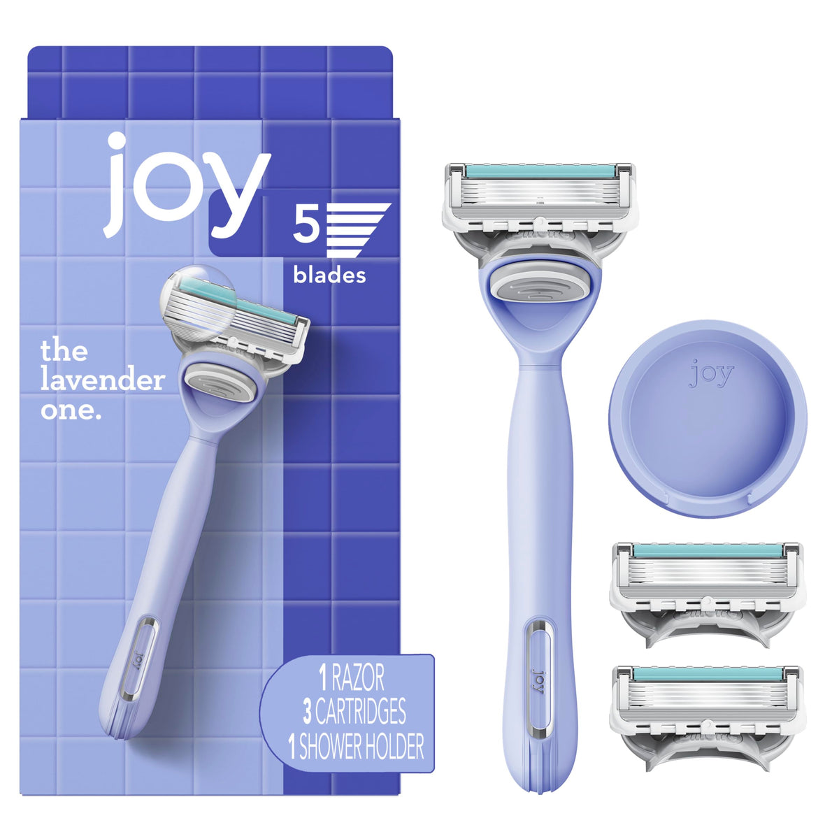 JOY lavender razor front packaging showing kit contents and benefits