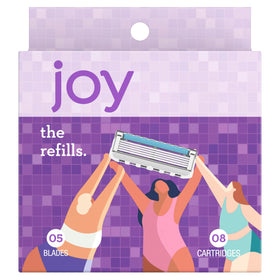 JOY refills staged in bathroom with towel offering a real-life shaving routine visual and comfort