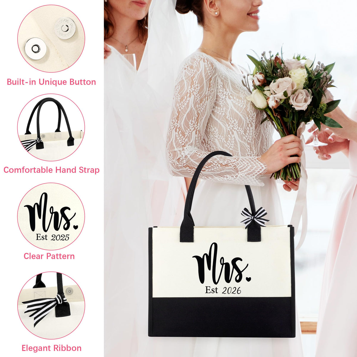 JoycuFF mrs tote bag detail showing coated finish and roomy interior benefit