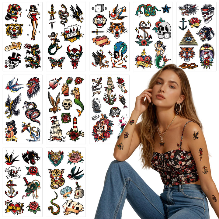 JoyfulGlam front packaging showing 10 tattoo sheets and colorful vintage designs
