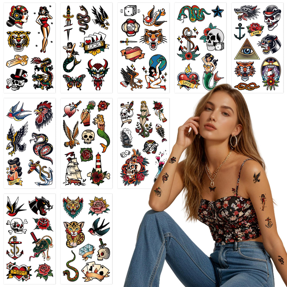 JoyfulGlam front packaging showing 10 tattoo sheets and colorful vintage designs