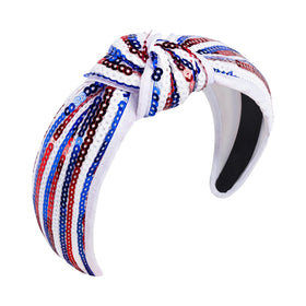 Joyline front view headband showing red white blue sequins and flattering fit