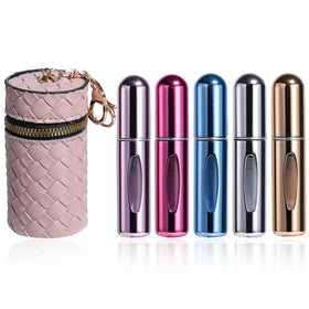 JPNK front view of five mini refillable atomizers showing colors and compact shape for travel