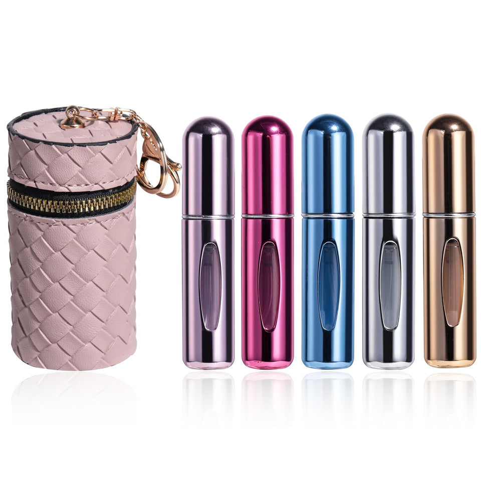 JPNK front view of five mini refillable atomizers showing colors and compact shape for travel