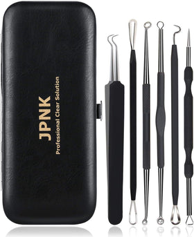 JPNK front view of 6-piece blackhead remover kit showing tools and leather pouch for neat storage