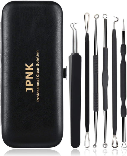 JPNK front view of 6-piece blackhead remover kit showing tools and leather pouch for neat storage