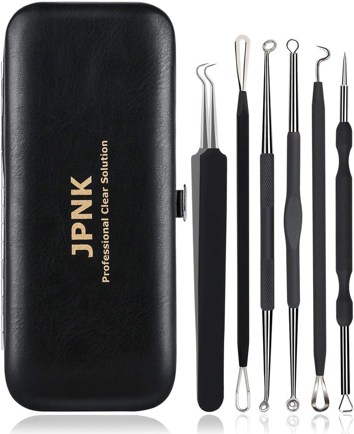 JPNK front view of 6-piece blackhead remover kit showing tools and leather pouch for neat storage