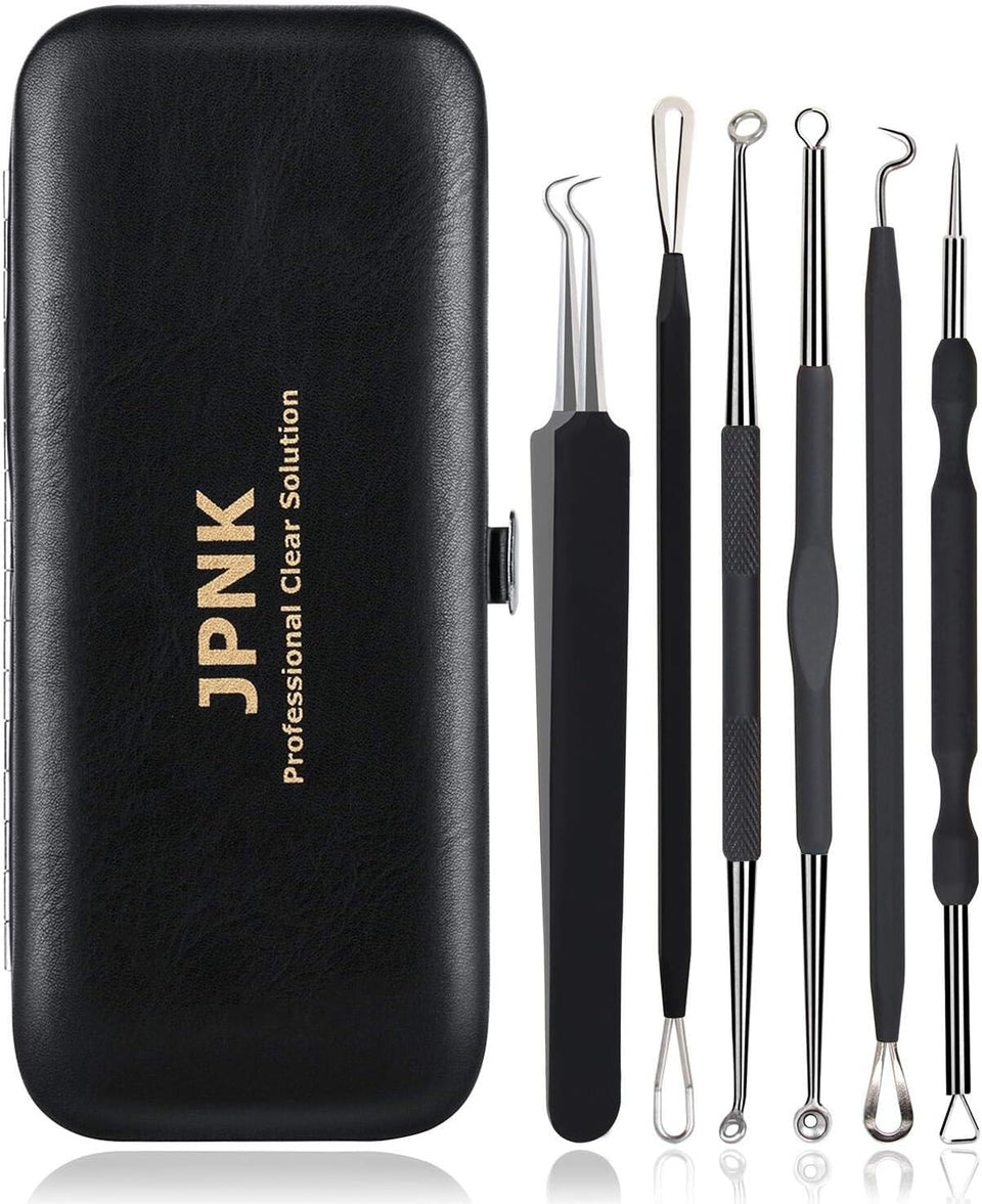 JPNK front view of 6-piece blackhead remover kit showing tools and leather pouch for neat storage