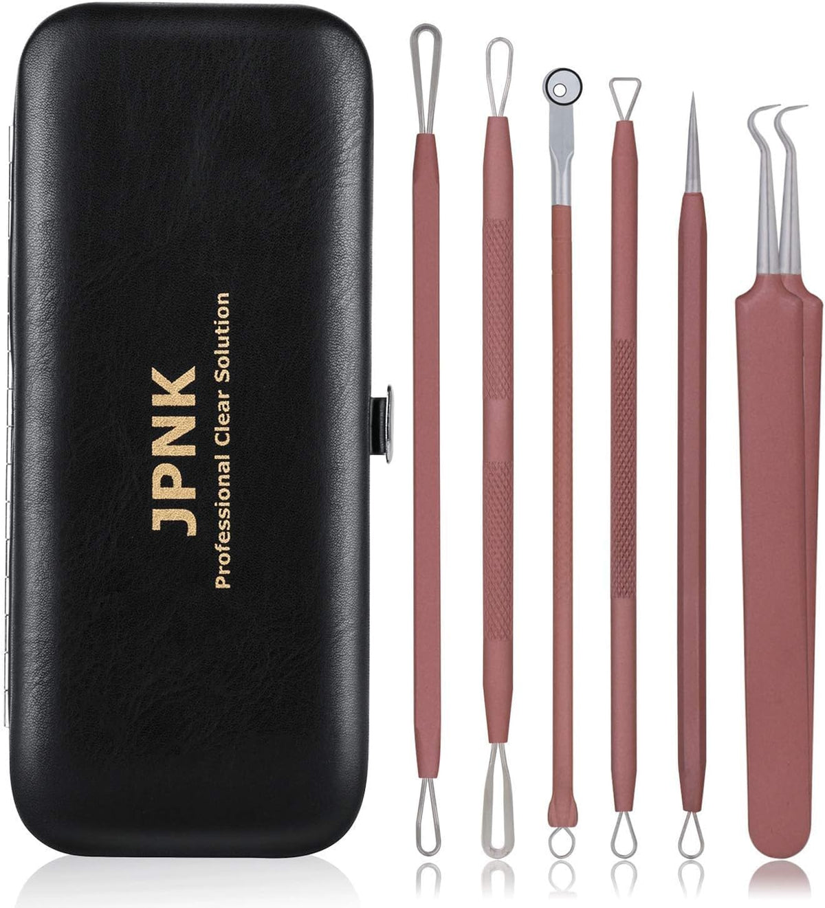 JPNK front view of six-piece kit in pink leather case showing portability and organization