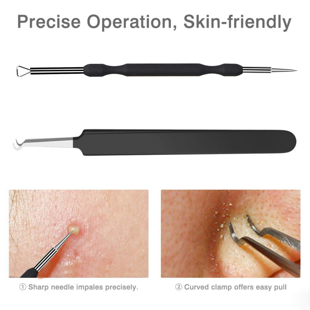 JPNK comedone extractor held gently near the nose to show controlled blemish removal technique