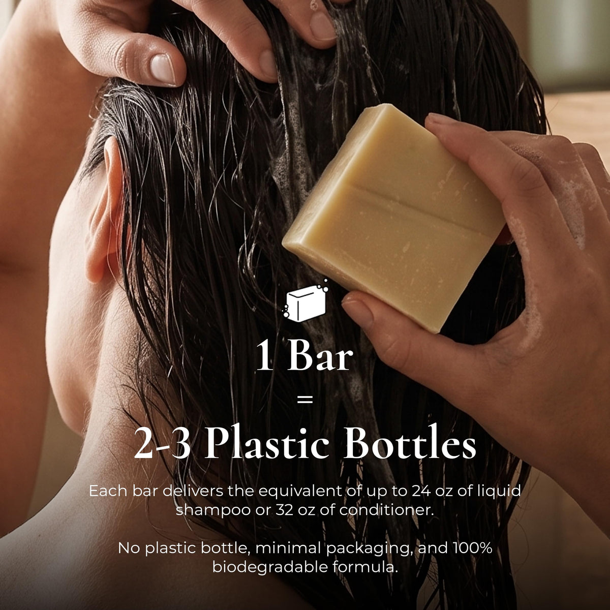 J·R·LIGGETT'S shampoo bar in use during hair wash demonstrating travel-friendly convenience