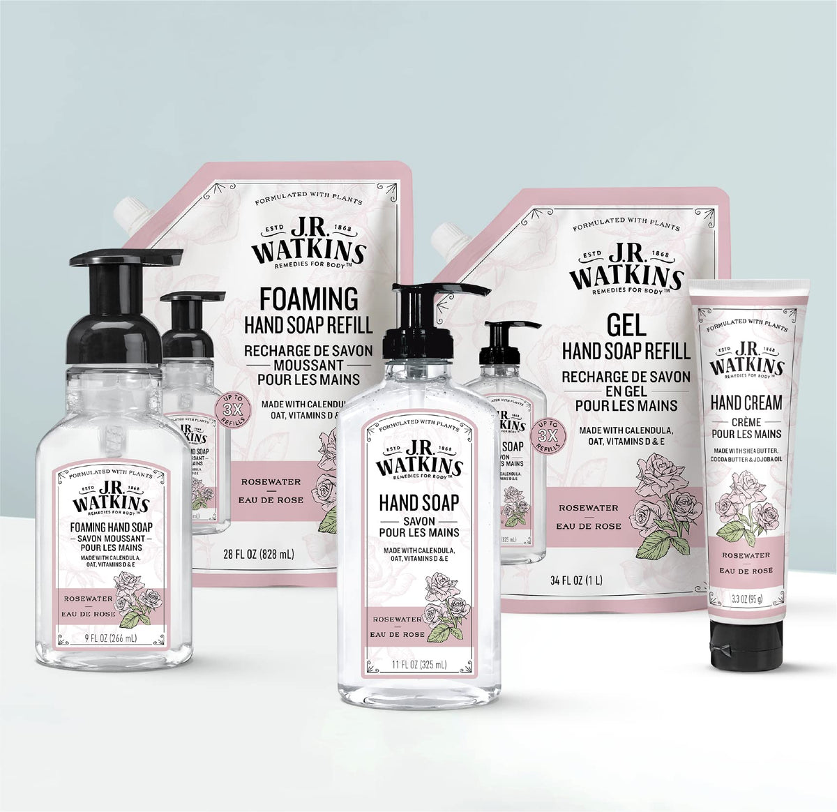 J.R. Watkins bottle label detail for eau de rose, highlights alcohol-free plant-based formula