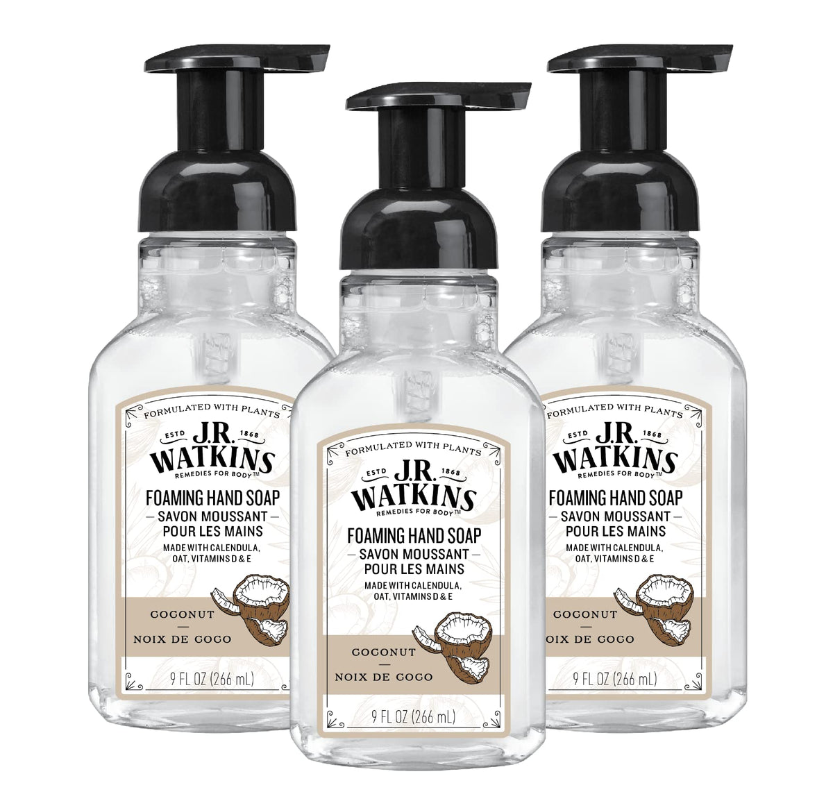 J.R. Watkins front packaging showing coconut foaming soap, highlights moisturizing benefit