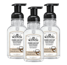 J.R. Watkins front packaging showing coconut foaming soap, highlights moisturizing benefit