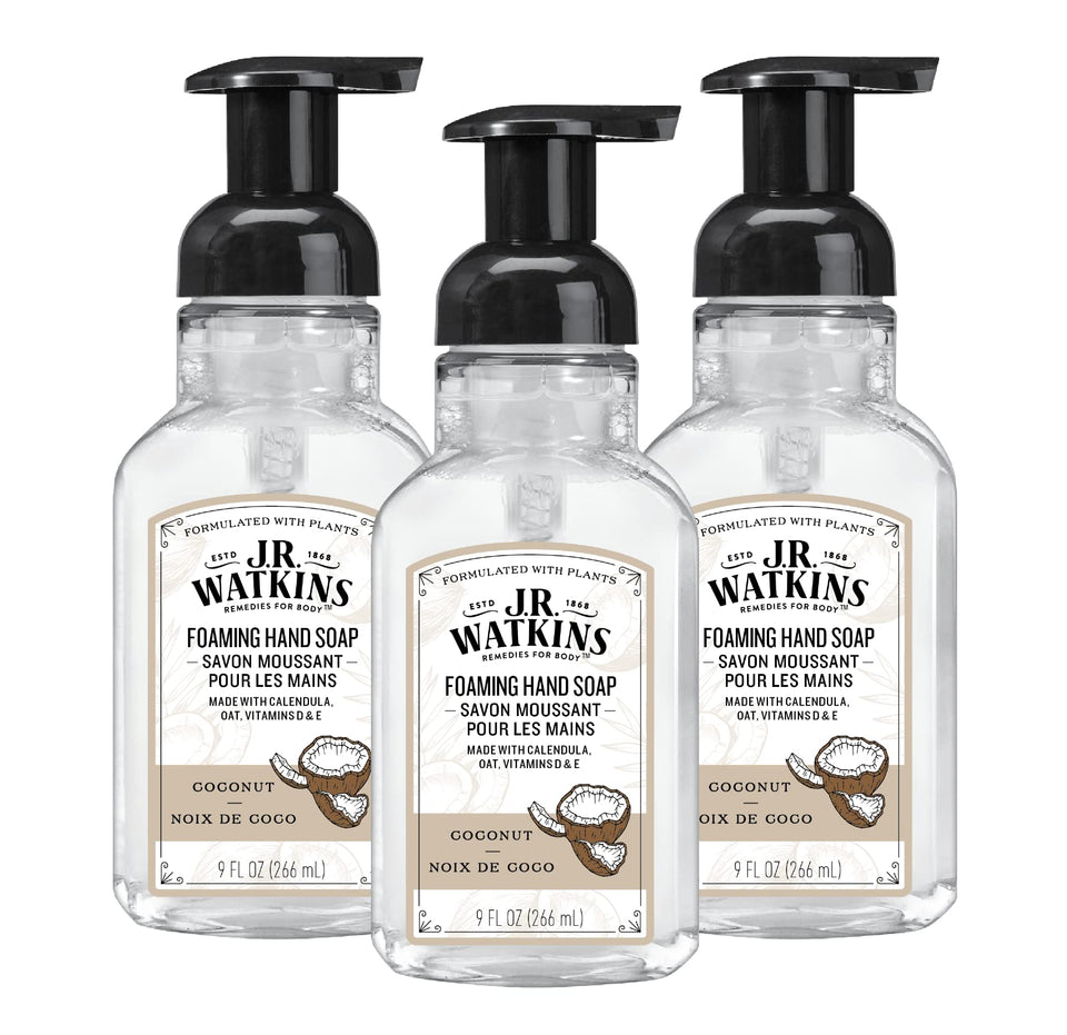 J.R. Watkins front packaging showing coconut foaming soap, highlights moisturizing benefit