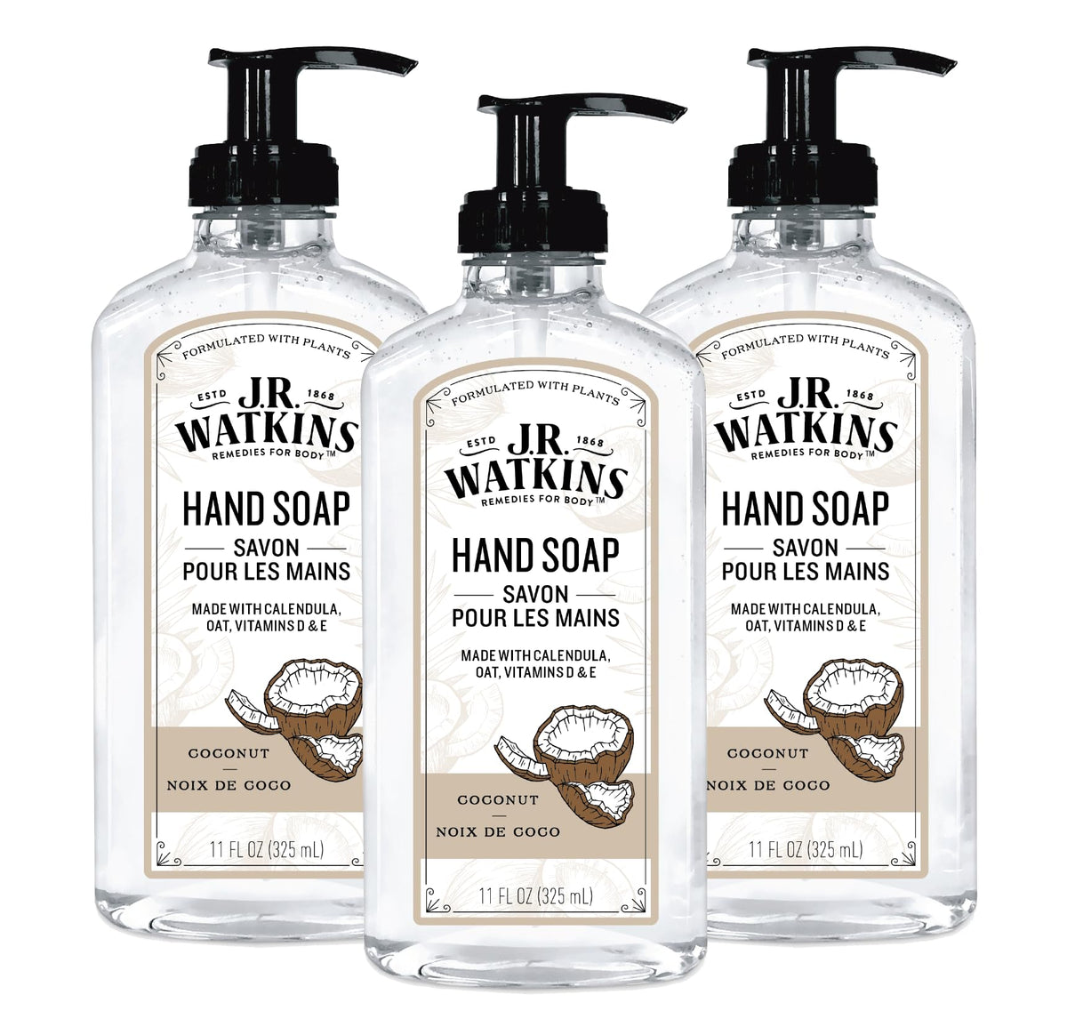 J.R. Watkins front packaging showing three coconut hand soap bottles and long-lasting supply