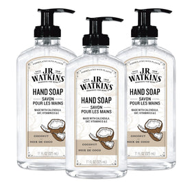 J.R. Watkins front packaging showing three coconut hand soap bottles and long-lasting supply