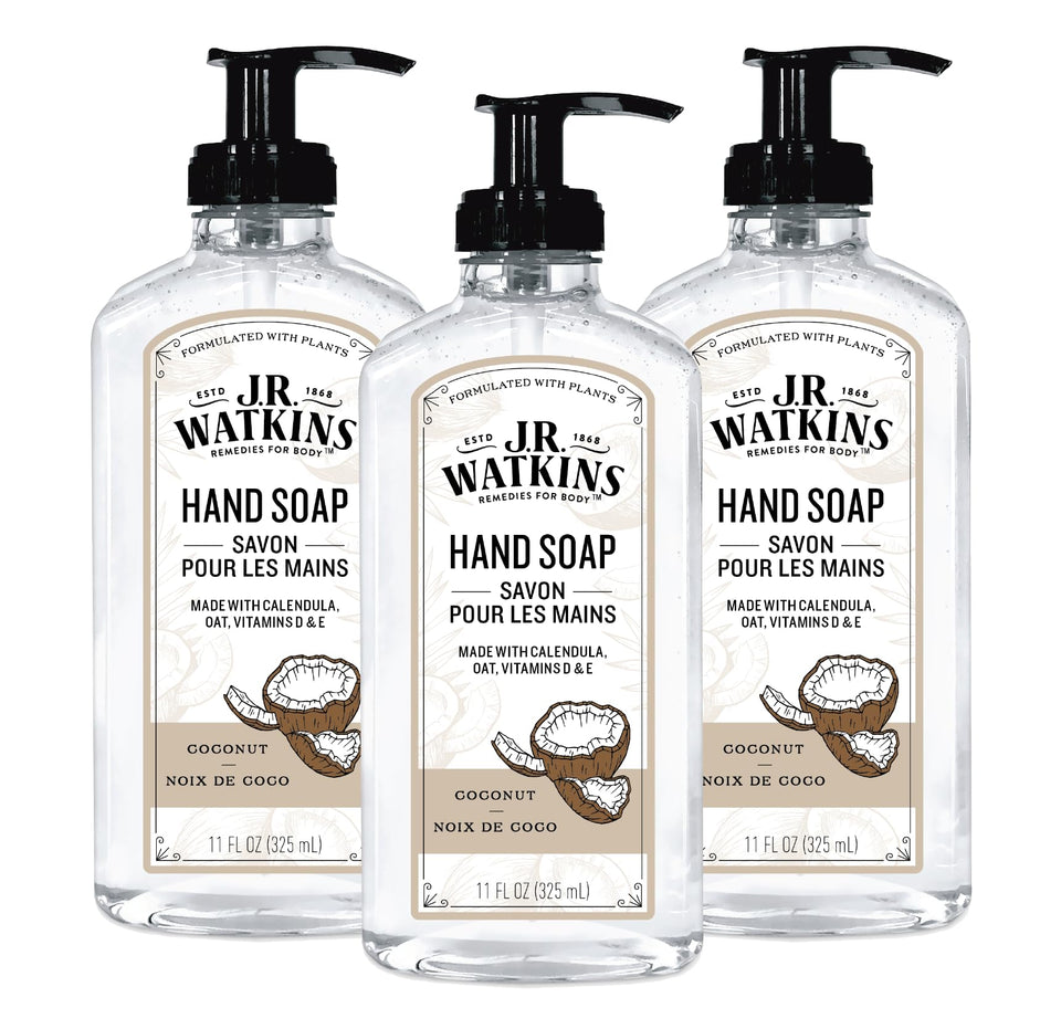 J.R. Watkins front packaging showing three coconut hand soap bottles and long-lasting supply