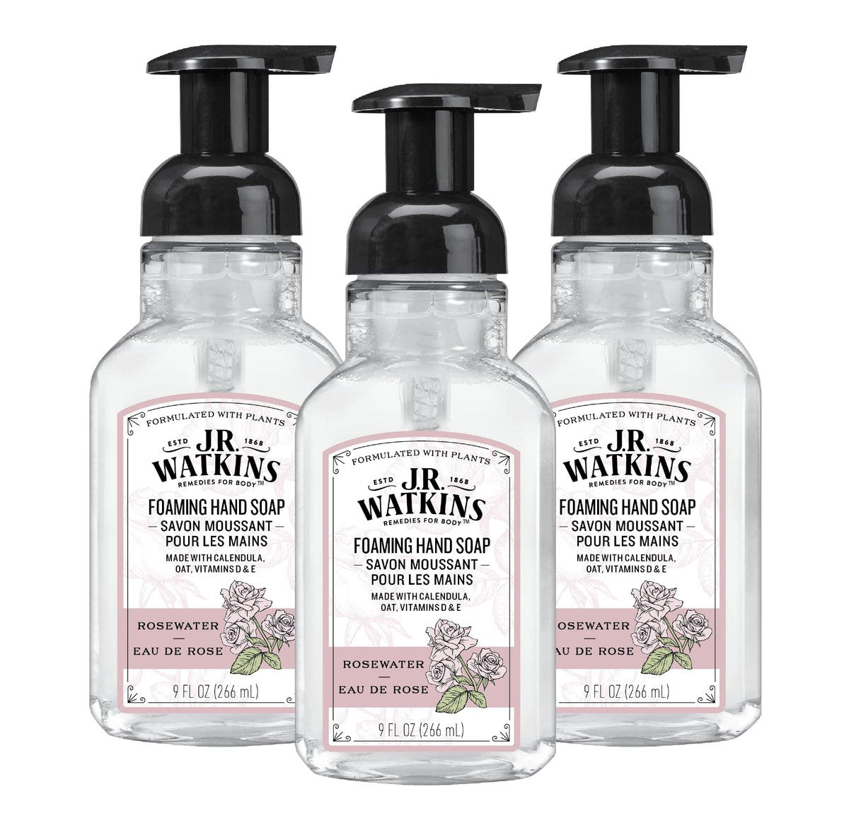 J.R. Watkins front packaging of eau de rose foaming hand soap, gentle moisturizing benefit