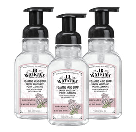 J.R. Watkins front packaging of eau de rose foaming hand soap, gentle moisturizing benefit