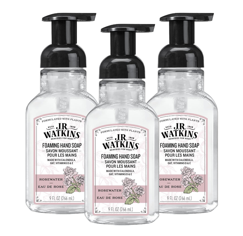 J.R. Watkins front packaging of eau de rose foaming hand soap, gentle moisturizing benefit