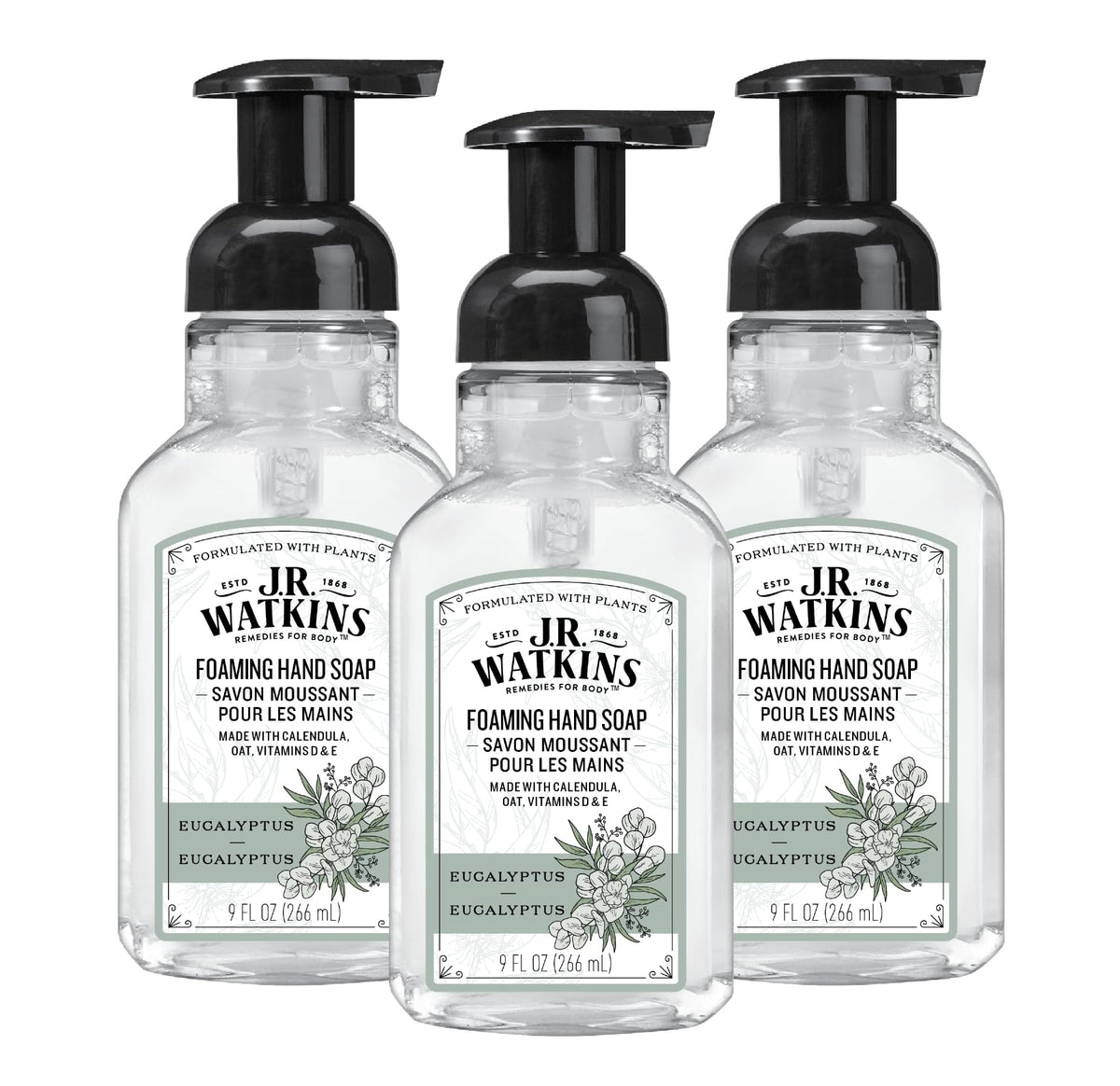 J.R. Watkins front packaging showing eucalyptus scent and pump — fresh cleansing