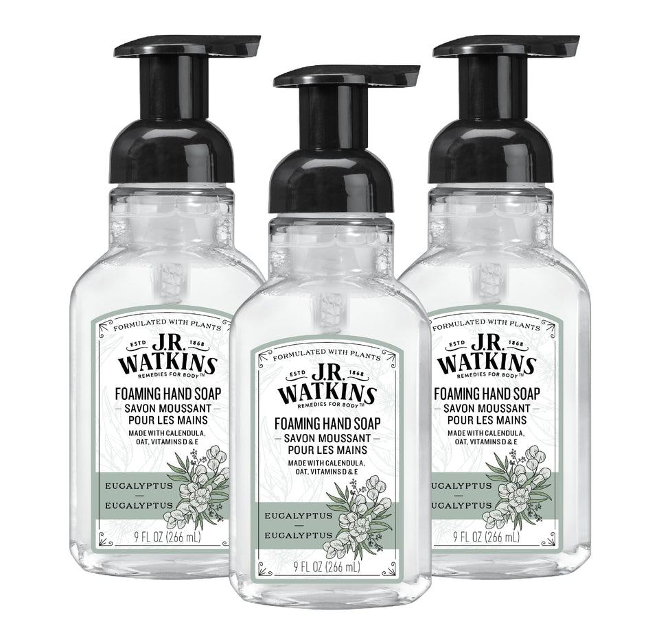 J.R. Watkins front packaging showing eucalyptus scent and pump — fresh cleansing