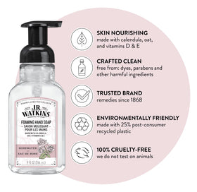 J.R. Watkins pump close-up dispensing creamy foam, shows convenient controlled dosing