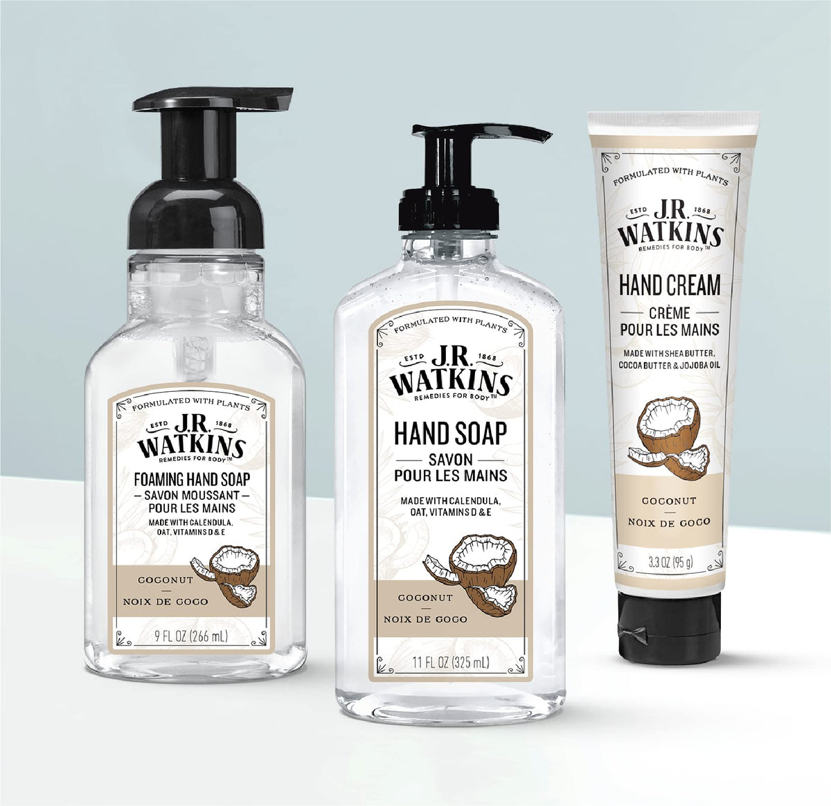 J.R. Watkins foam texture on hands illustrating rich lather and gentle cleansing benefit