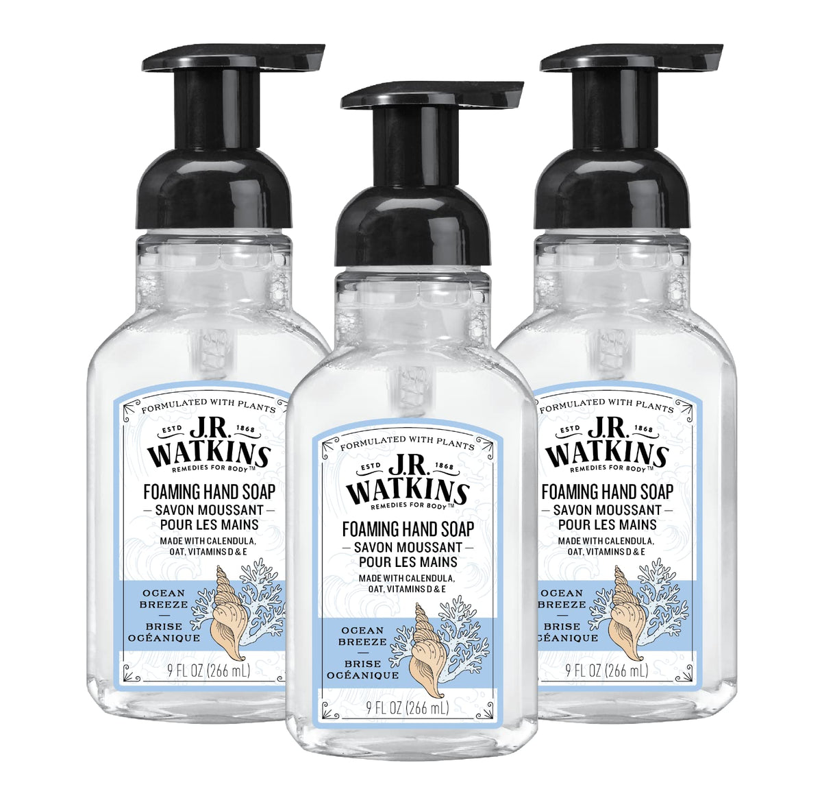 J.R. Watkins front packaging showing 9 fl oz pump and brise marine scent benefit