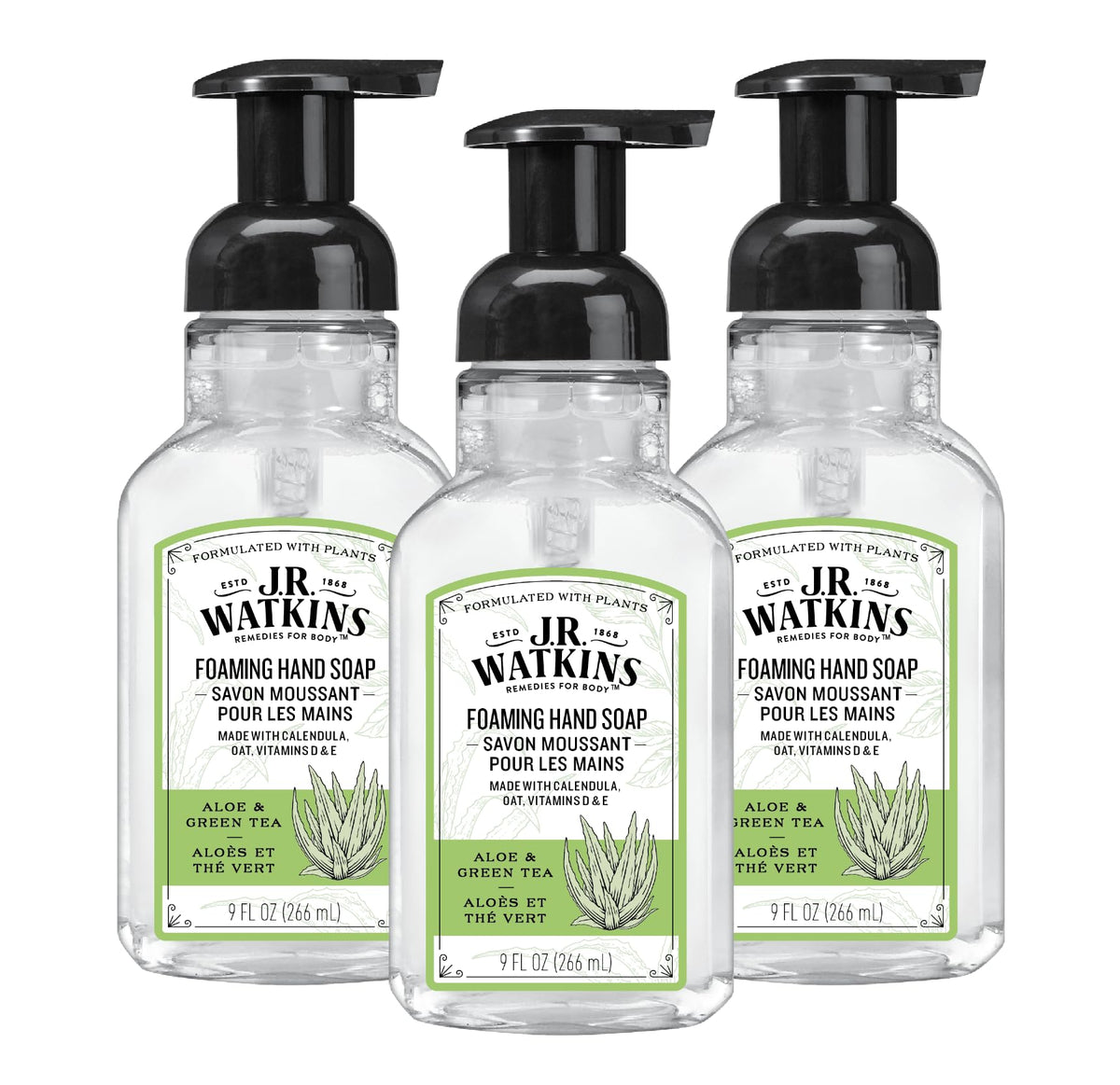 J.R. Watkins front packaging showing aloe and green tea scent benefits