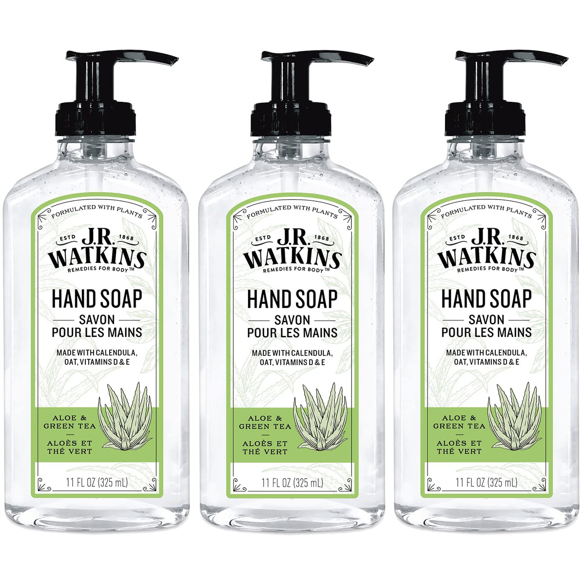 J.R. Watkins front packaging showing aloe and green tea scent and gentle cleanse