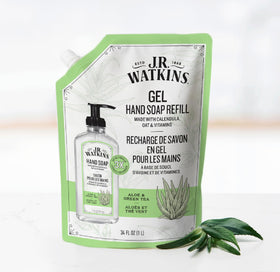 J.R. Watkins gel texture on hand, smooth lather for gentle cleansing