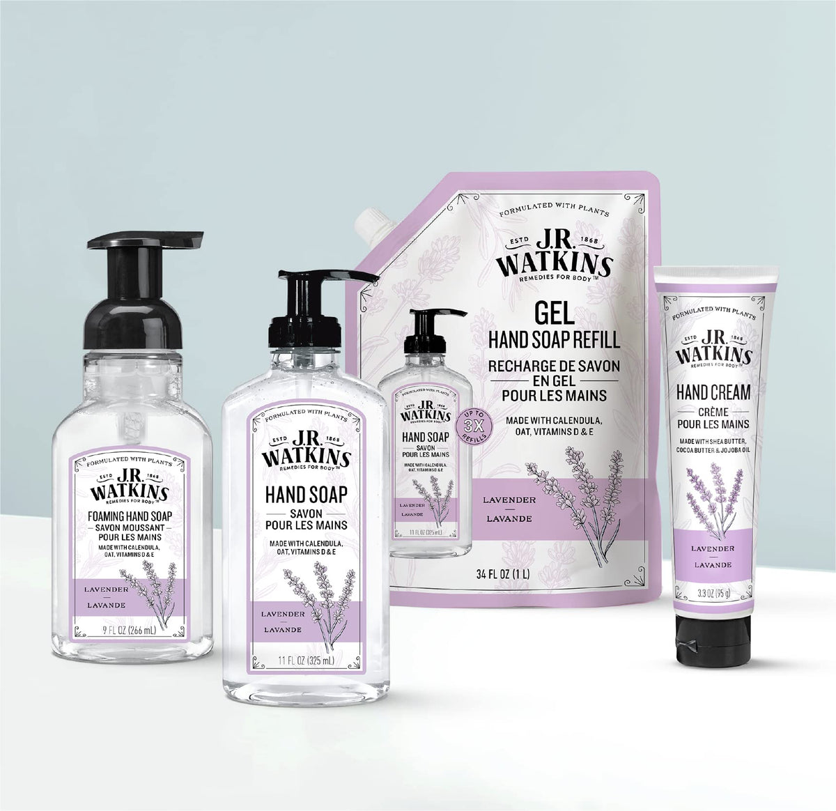J.R. Watkins close-up of soft lavender lather demonstrating moisturizing, non-drying texture
