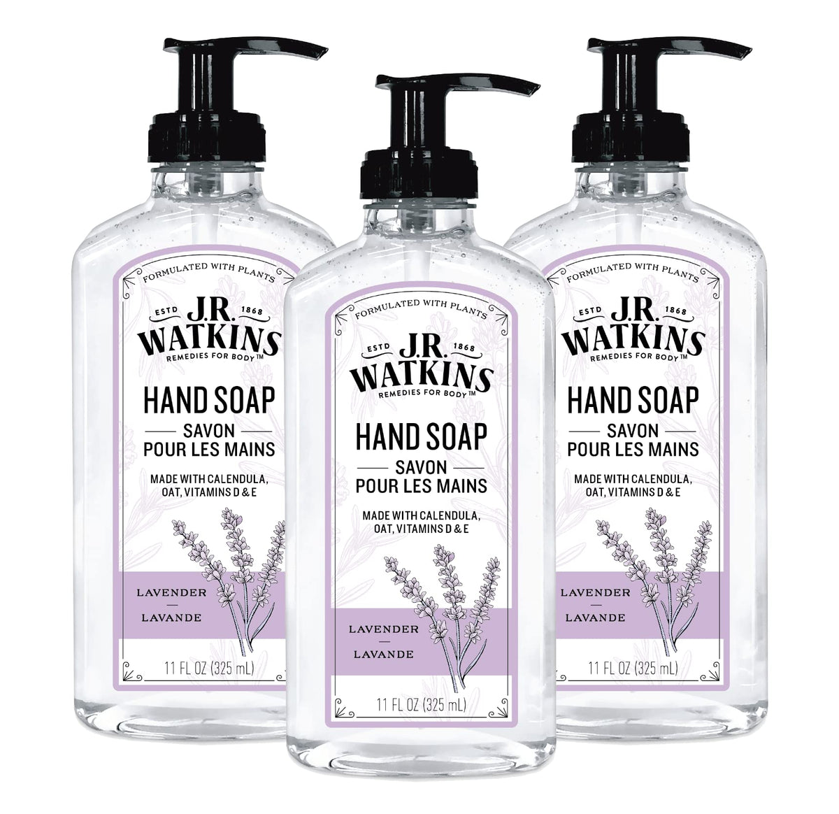 J.R. Watkins front packaging showing three lavender pump bottles and clear labeling benefit of gentle clean