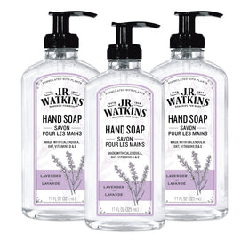 J.R. Watkins front packaging showing three lavender pump bottles and clear labeling benefit of gentle clean
