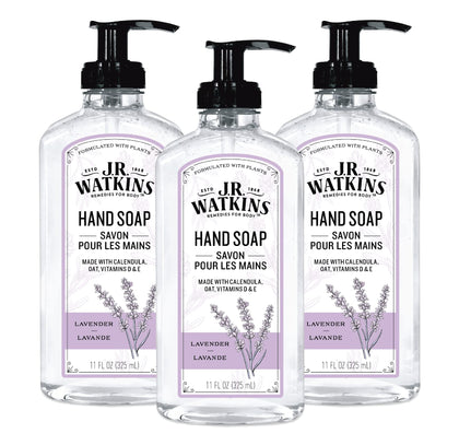 J.R. Watkins front packaging showing three lavender pump bottles and clear labeling benefit of gentle clean