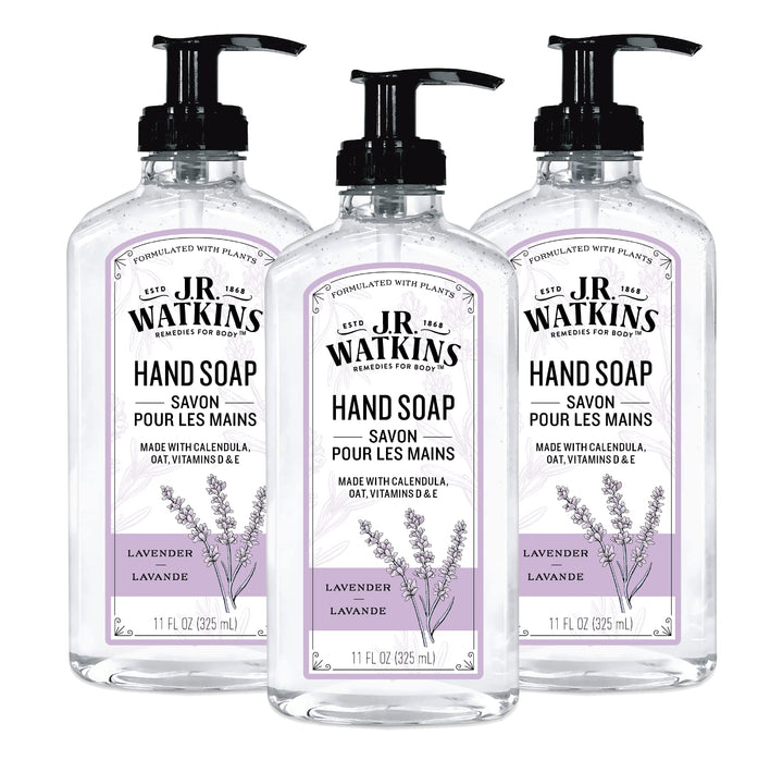 J.R. Watkins front packaging showing three lavender pump bottles and clear labeling benefit of gentle clean