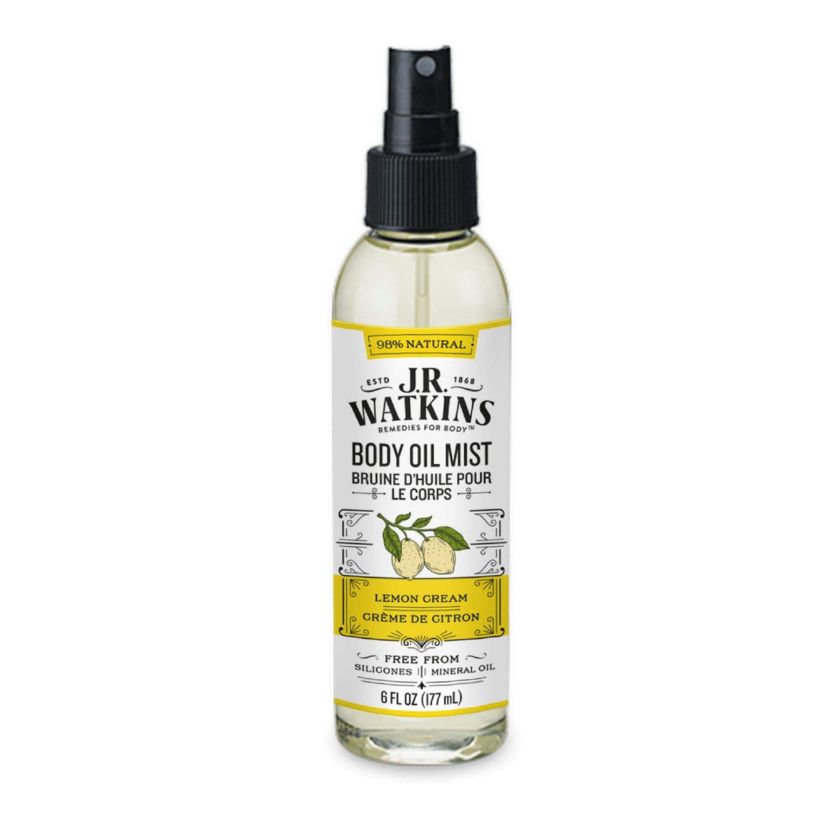 J.R. Watkins front bottle showing lemon cream scent and moisturizing benefit