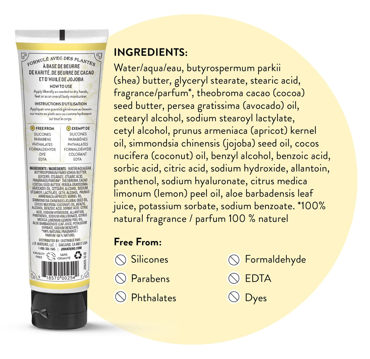 J.R. Watkins label close-up featuring Leaping Bunny cruelty-free and ingredient list